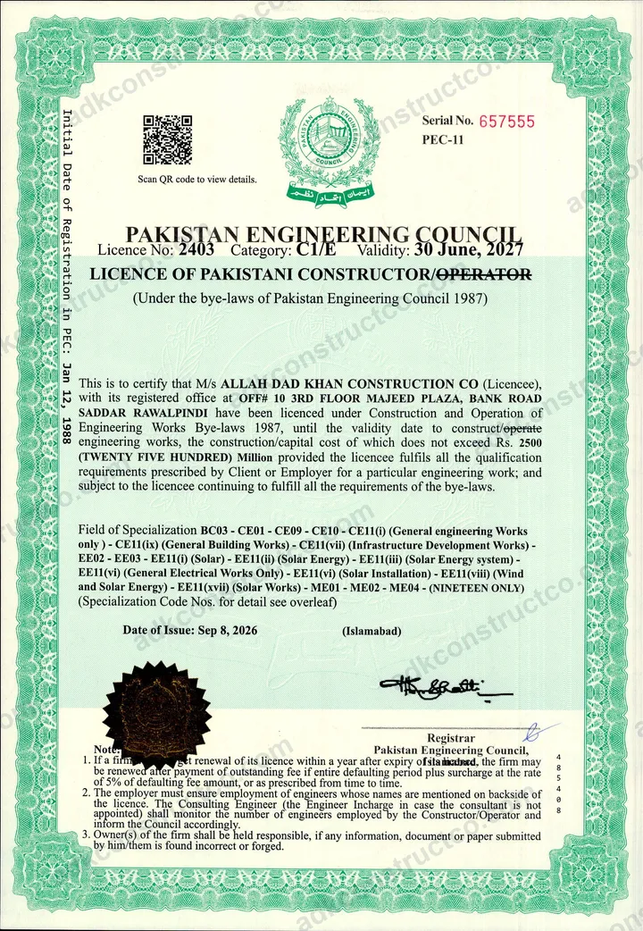Pakistan Engineering Council contractor licence for Allahdad Khan Construction Co.